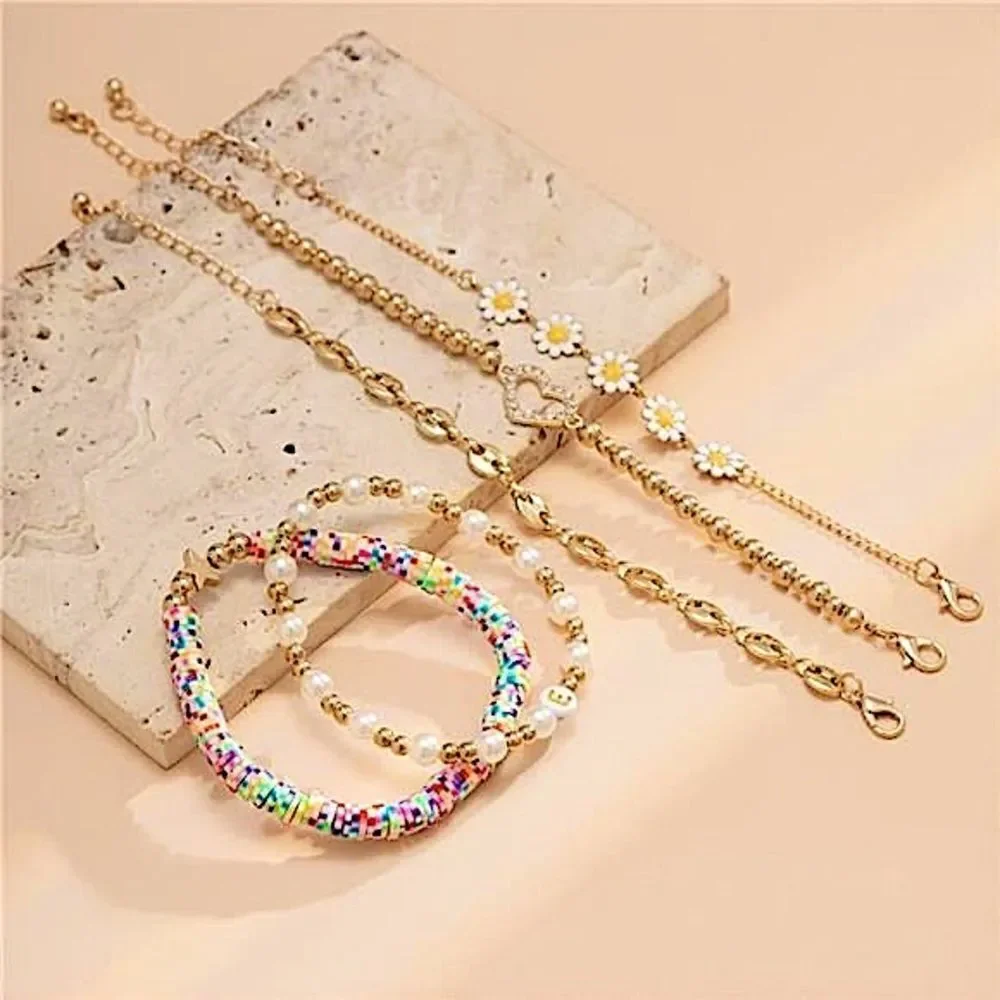 Summer Vibes Boho Daisy & Pearl Gold Tone 5 Piece Bracelet Stack Heart Charm Set